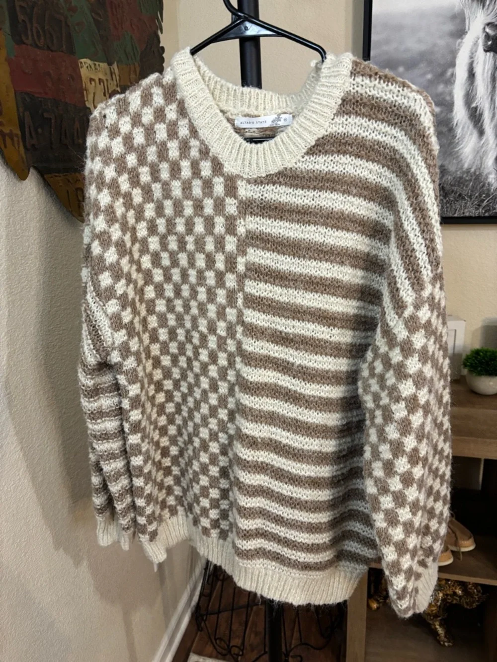 Altar'd State Cream and Taupe Checkerboard & Stripe Crew Sweater - Picture 2 of 6